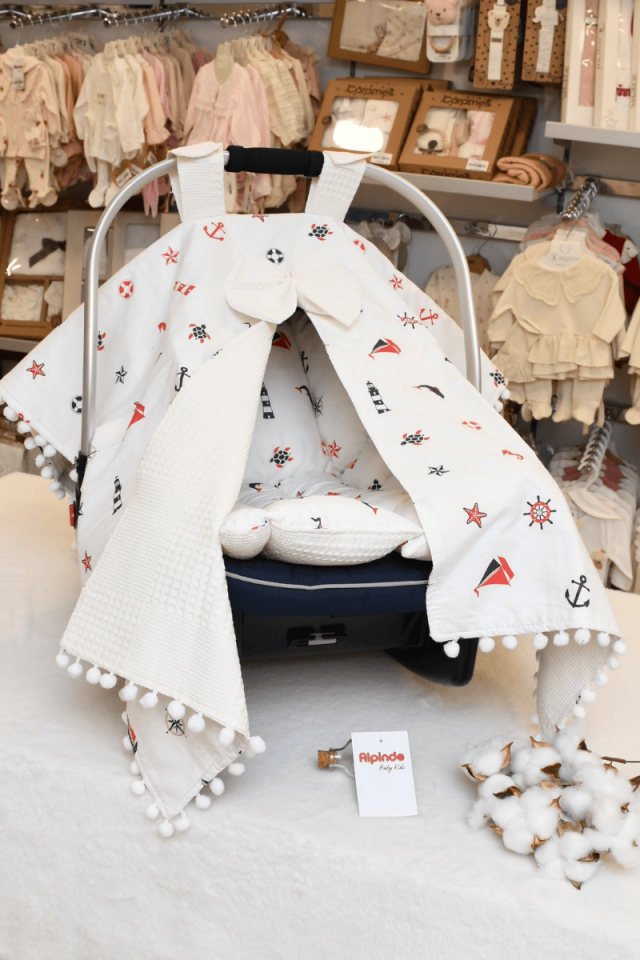 Çapa Baskılı Pamuk Kumaş, Pike Puset Minderi ve Puset Örtüsü Set