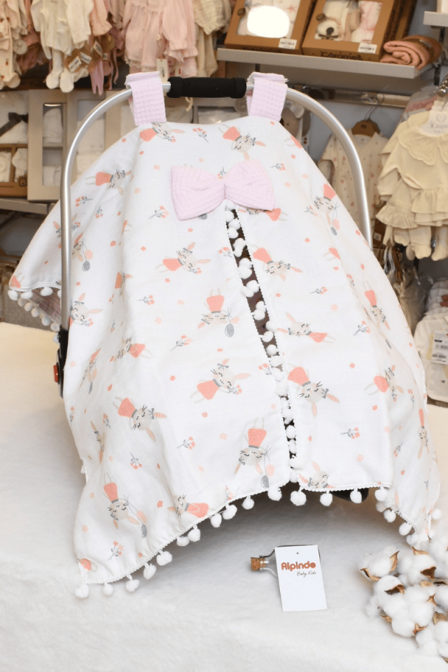 Tavşan Baskılı Müslin Pike Puset Minderi ve Puset Örtüsü Set  Pembe