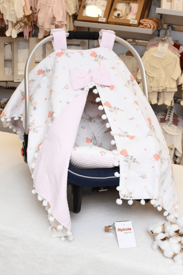 Tavşan Baskılı Müslin Pike Puset Minderi ve Puset Örtüsü Set  Pembe