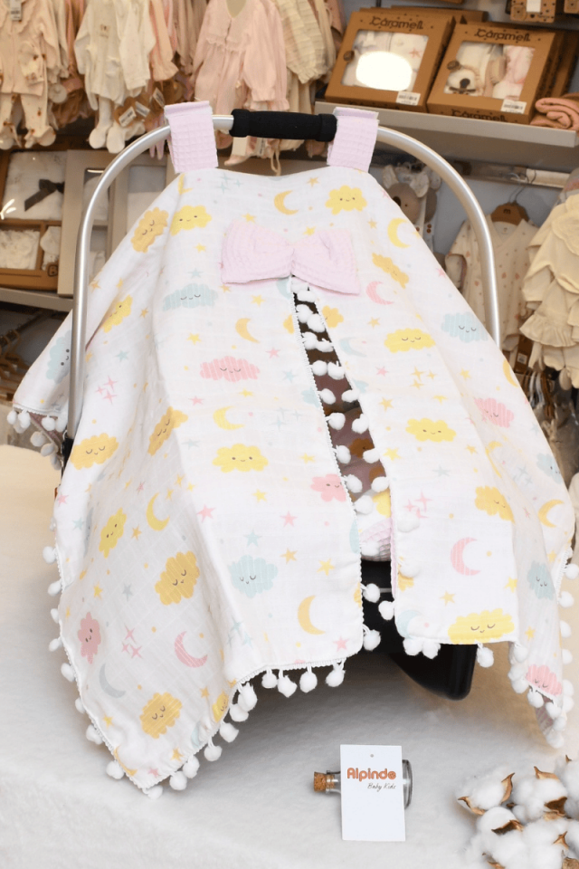 Gökyüzü Baskılı Müslin Pike Puset Minderi ve Puset Örtüsü Set  Pembe