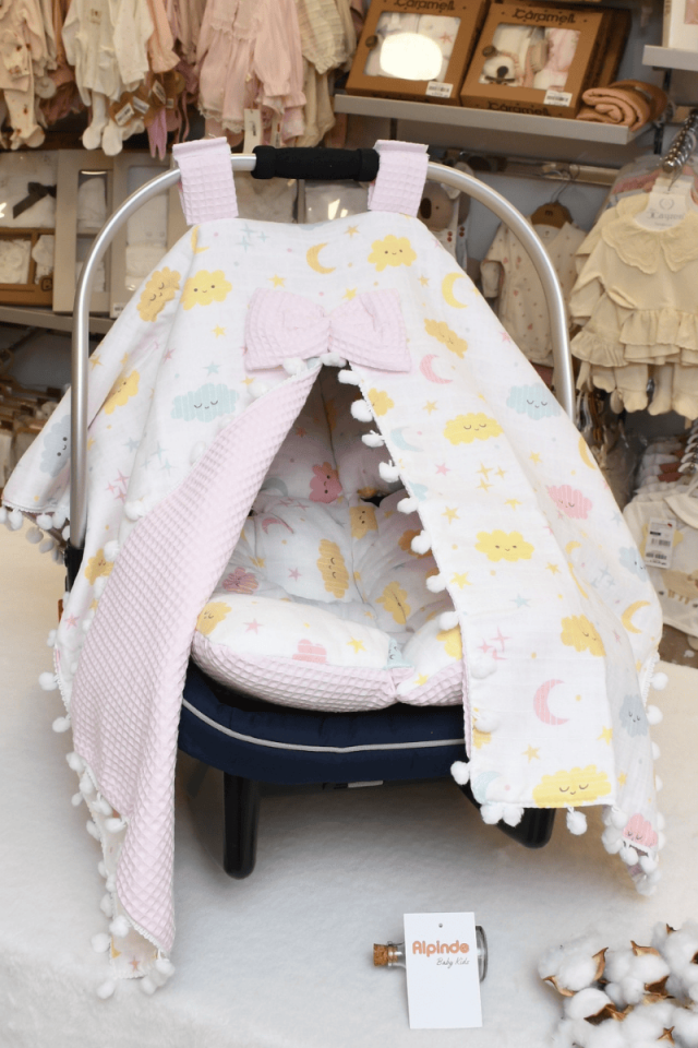 Gökyüzü Baskılı Müslin Pike Puset Minderi ve Puset Örtüsü Set  Pembe