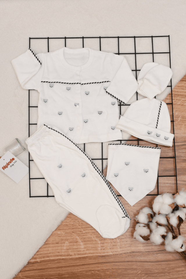 Ayıcık Kafa Nakışlı Erkek Bebek Yenidoğan 5'li Hastane Çıkış Set 0-3 Ay