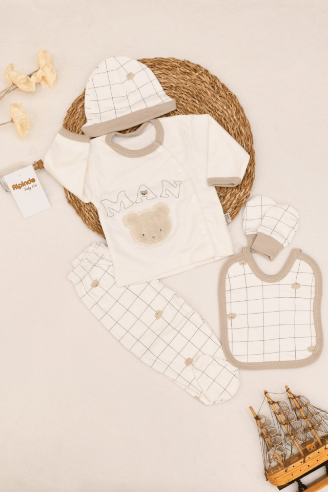 Ayı Nakışlı Erkek Bebek Yenidoğan 5'li Hastane Çıkış Set 0-3 Ay Vizon