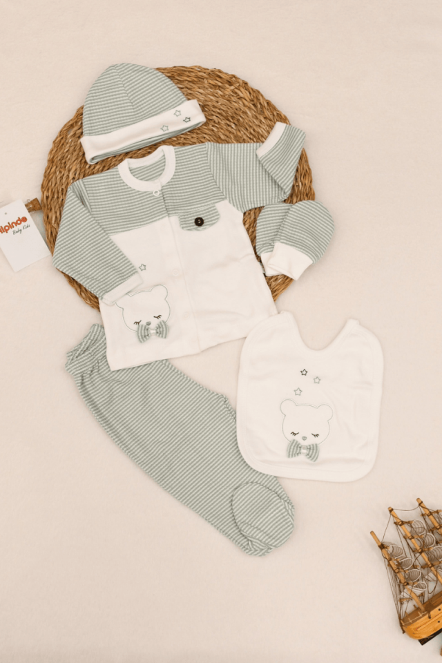 Ayıcık Aplike Nakışlı Erkek Bebek Yenidoğan 5'li Hastane Çıkış Set 0-3 Ay