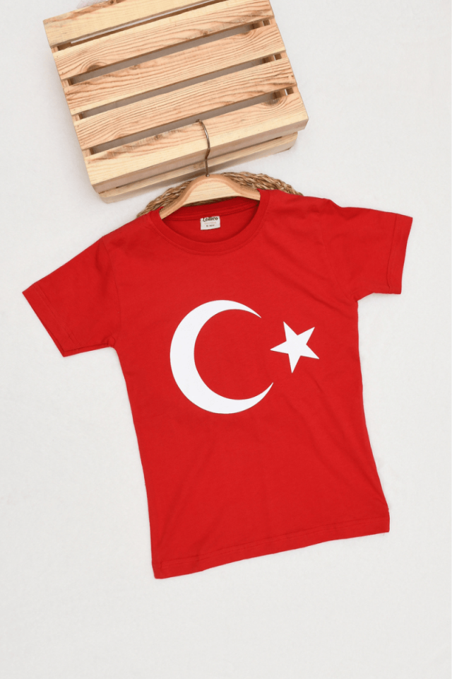 13/14/15/16 Yaş Kız / Erkek Çocuk Kırmızı Türk Bayrağı Ayyıldız  T-shirt