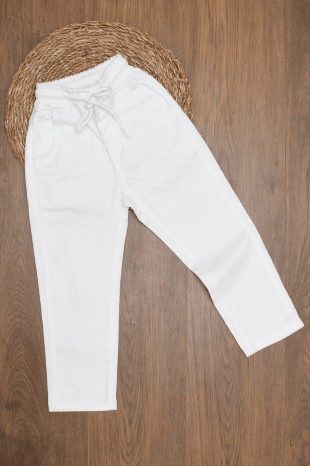 5/6/7/8 Yaş Beli Lastikli İpli Beyaz Keten Pantolon