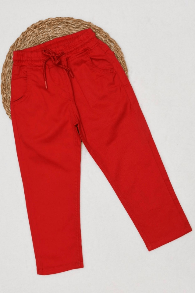 9/10/11/12 Yaş Beli Lastikli İpli Kırmızı Keten Pantolon