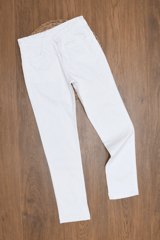 5/6/7/8 Yaş Bel Kısmı Düğmeli ve Fermuarlı Kapama Beyaz Pamuklu Pantolon