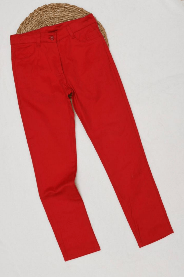 5/6/7/8 Yaş Bel Kısmı Düğmeli ve Fermuarlı Kapama Kırmızı Pamuklu Pantolon