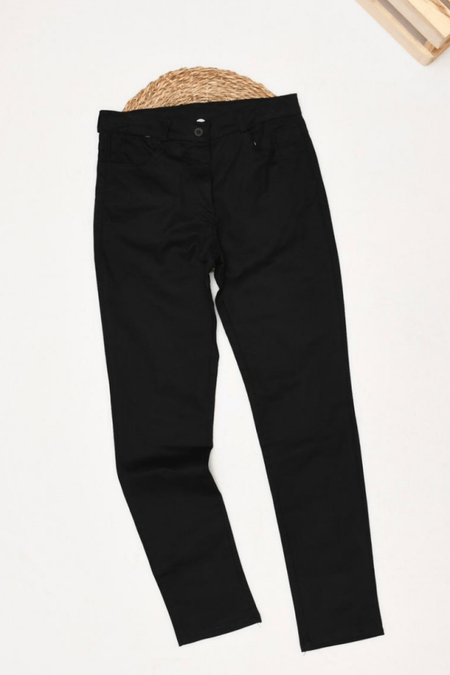 9/10/11/12 Yaş Bel Kısmı Düğmeli ve Fermuarlı Kapama Siyah Pamuklu Pantolon