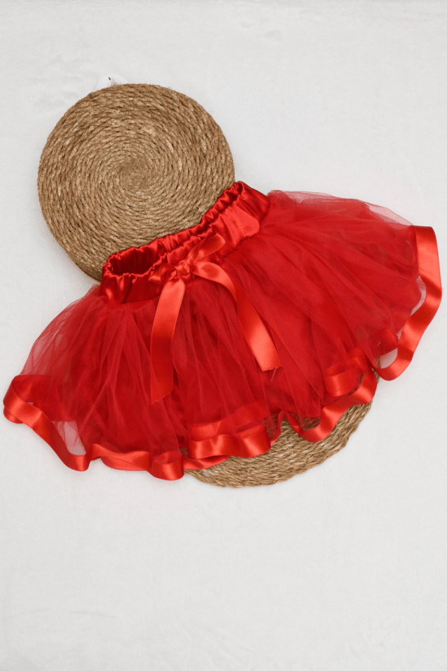 Beli Lastikli Etek Ucu Saten Şeritli Tütü Kırmızı Etek 5/6/7/8 Yaş