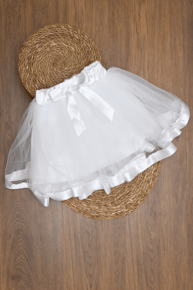 Beli Lastikli Etek Ucu Saten Şeritli Tütü Beyaz Etek 5/6/7/8 Yaş