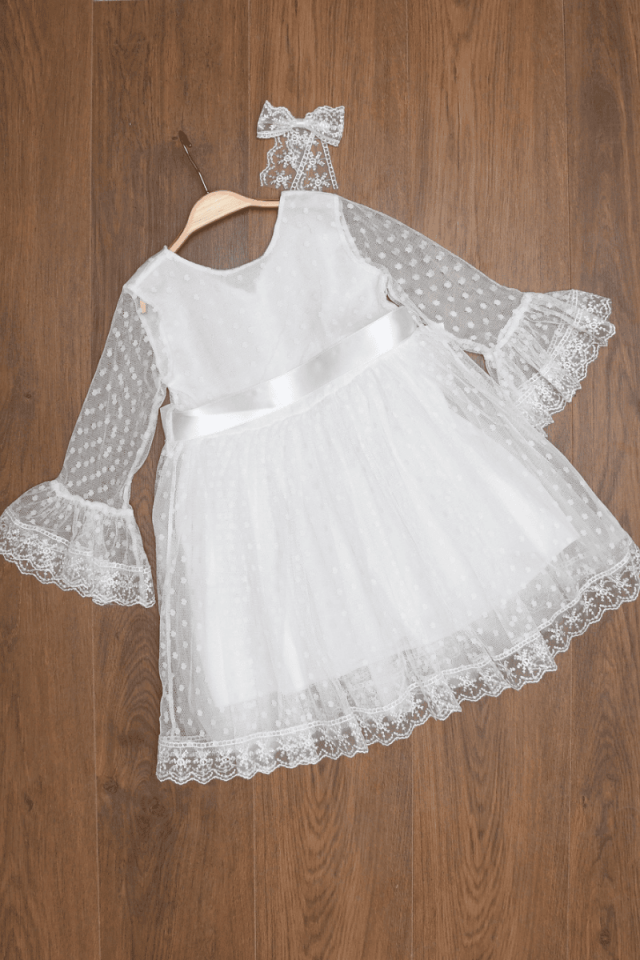 Prenses Model Puanlı Dantellii Tokalı Beyaz Renk Kız Çocuk Elbise 6/7/8/9 Yaş