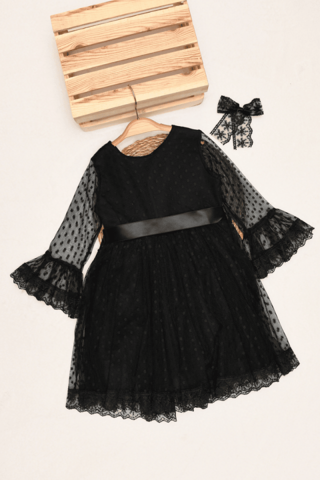 Prenses Model Puanlı Dantellii Tokalı Siyah Renk Kız Çocuk Elbise 6/7/8/9 Yaş