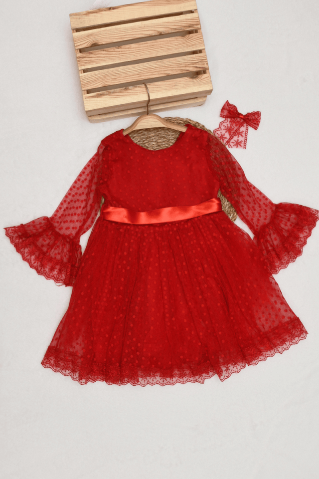 Prenses Model Puanlı Dantellii Tokalı Kırmızı Renk Kız Çocuk Elbise 6/7/8/9 Yaş
