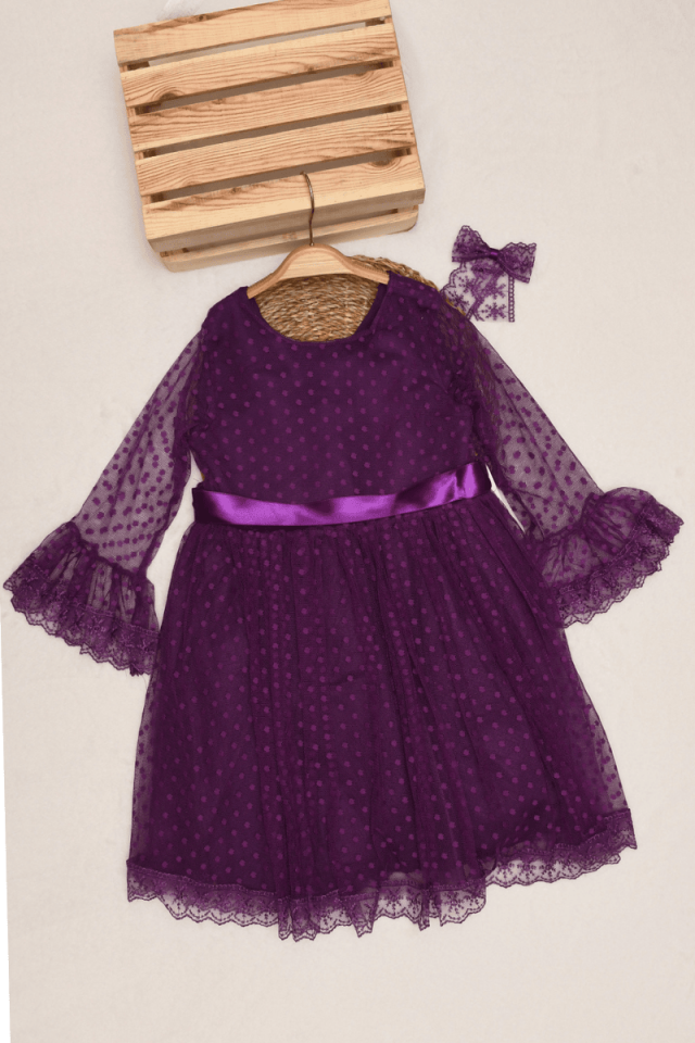 Prenses Model Puanlı Dantellii Tokalı Mor Renk Kız Çocuk Elbise 6/7/8/9 Yaş