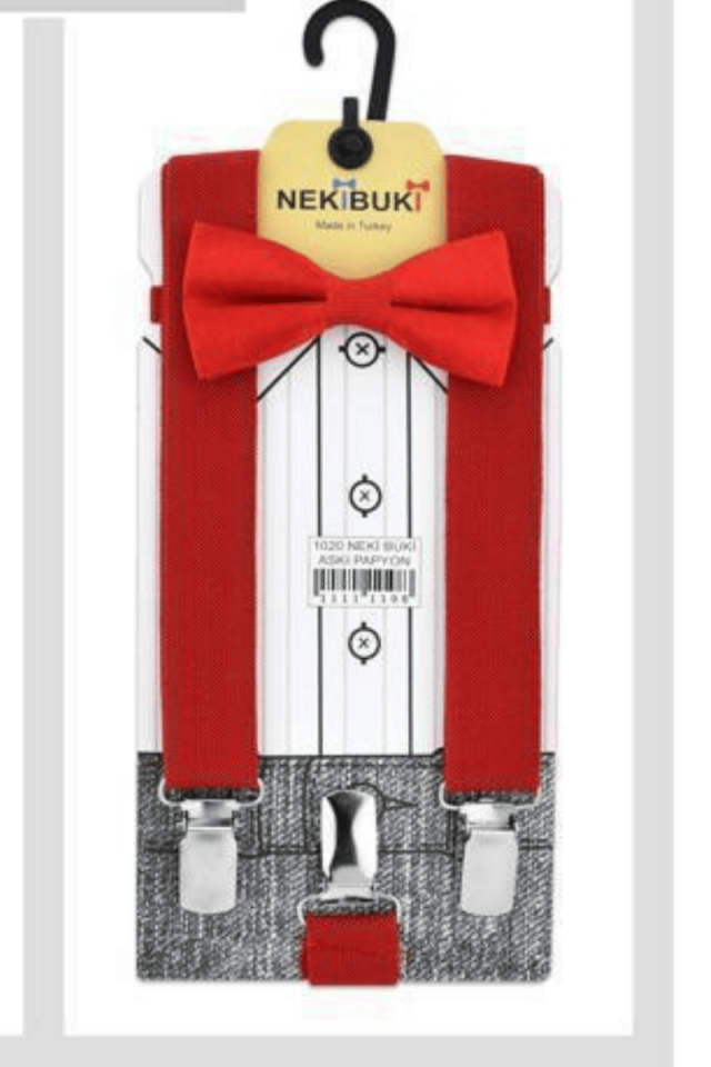 Ayarlanabilir 1-9 Yaş Kırmızı Çocuk Pantolon Askısı Ve Papyon Takımı