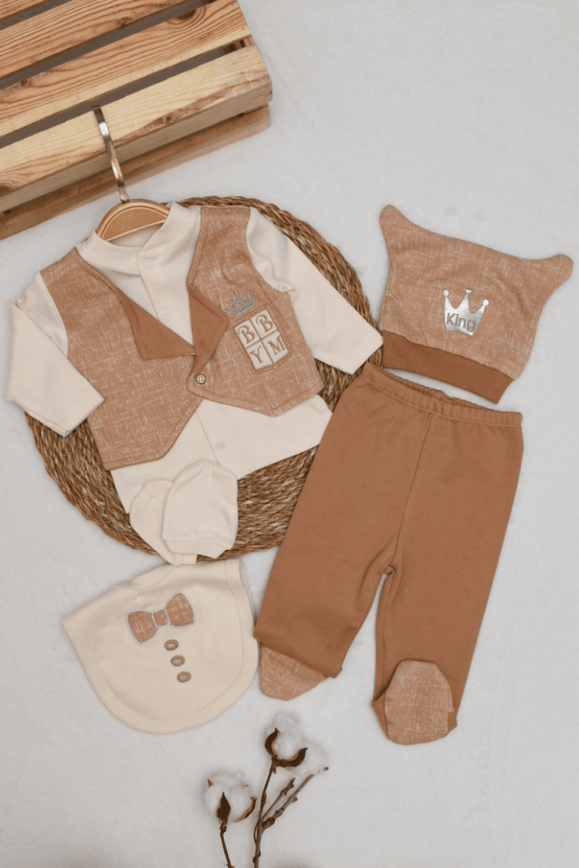 Taç Nakışlı Yenidoğan Erkek Bebek 5li Zıbın Set