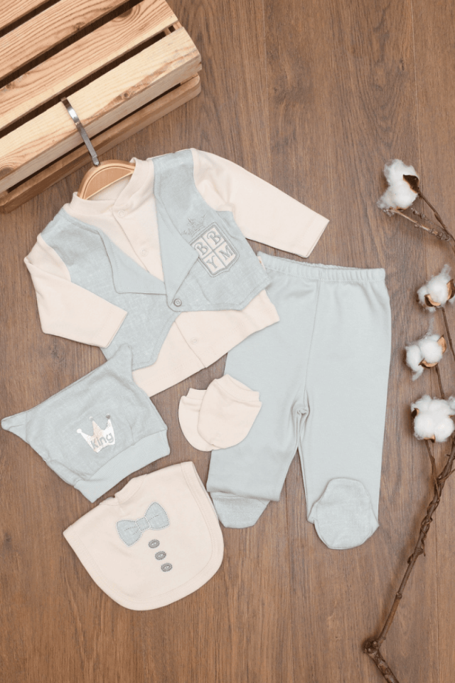 Taç Nakışlı Yenidoğan Erkek Bebek 5li Zıbın Set